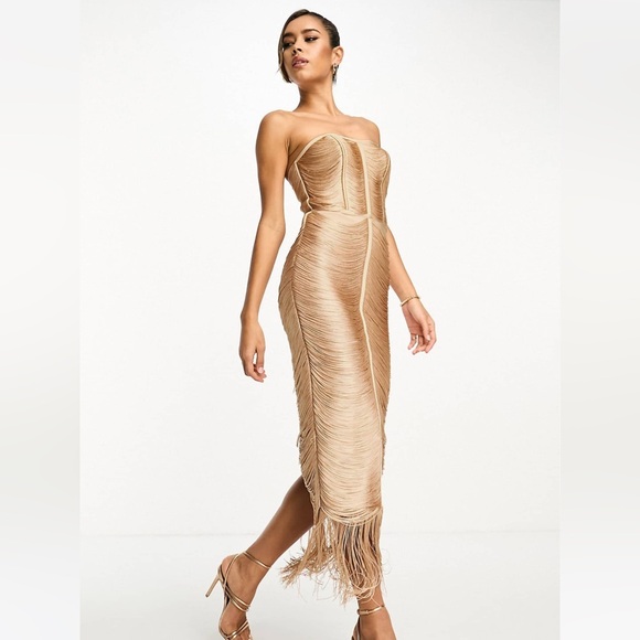 ASOS DESIGN bandeau fringe midi dress in stone gold - Picture 1 of 4